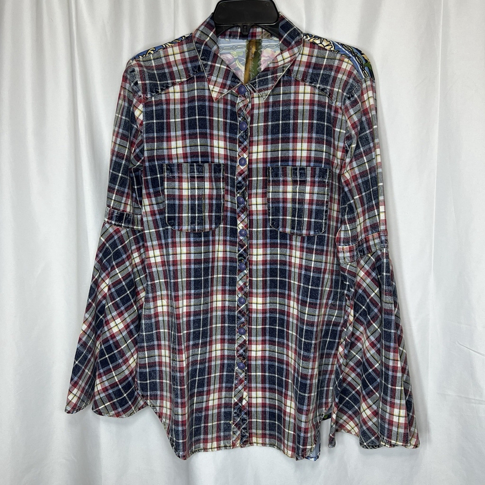 ARATTA Silent Journey Womens Plaid Flannel Button Down Shirt M Boho Western Bell